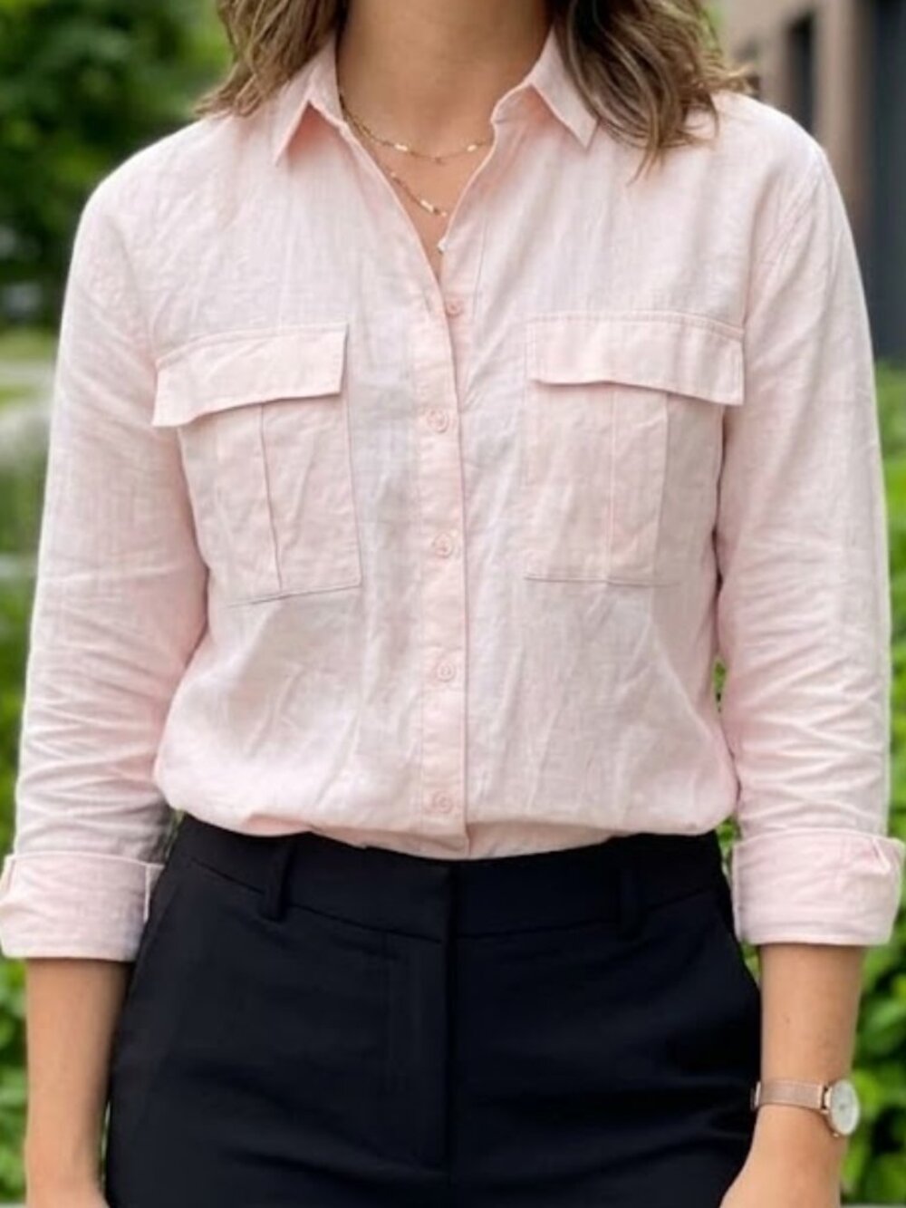 Frank And Oak Linen Blend Long Sleeve Button Down Utility Shirt Pink Size L